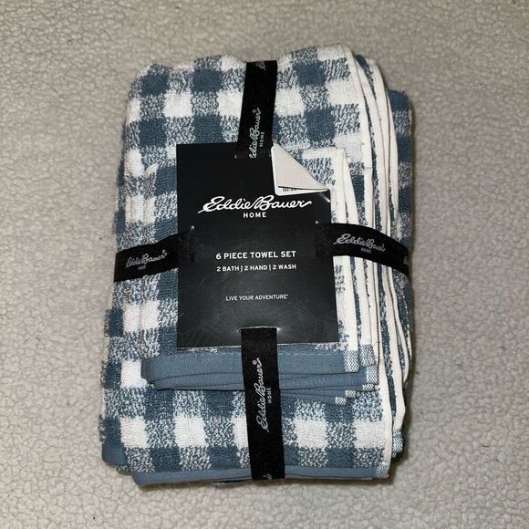 Eddie Bauer Bath Towel Set Preston Check Denim Blue White Plaid NWT - Picture 1 of 6